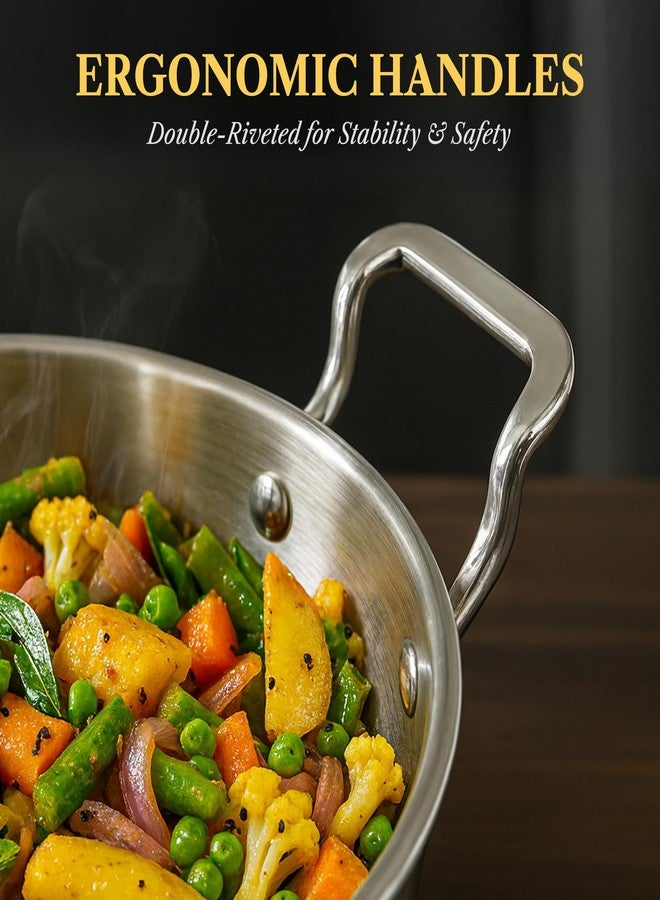 SOLARA Sterra Stainless Steel Kadai/Kadhai with Lid, 22cm/8.6 inch, 2.3Ltr, Induction Base Friendly, 3-Layer Triply Thick Sandwich Bottom, 100% Toxin-Free, No Chemical Coating - Image 4